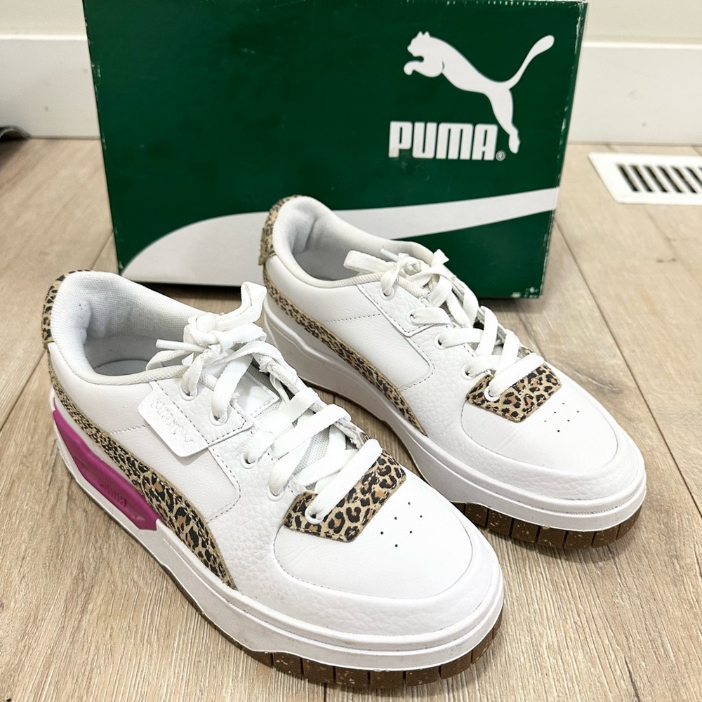 Puma Women's White and Leopard Sneakers with Pink Accent